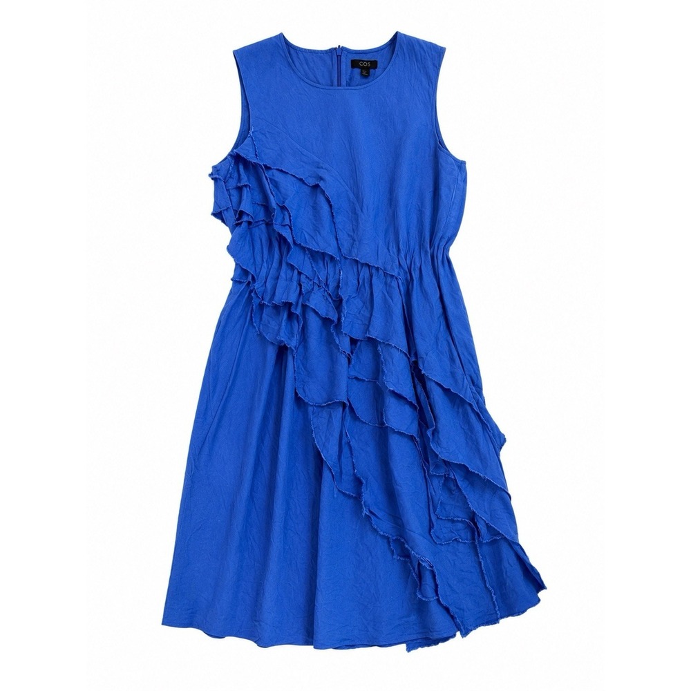 COS Waterfall Layer Dress 12 Cobalt Blue Linen Blend Boho Avant Garde